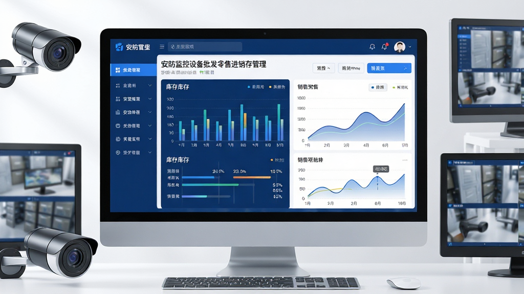 主体:电脑屏幕前展示安防监控设备批发零售进销存管理软件的仪表盘界面,界面显示清晰的库存图表和销售曲线;布局:屏幕居中,周围摆放摄像头、监控显示器等设备道具;排版:界面UI为深蓝与白色搭配,左侧功能菜单栏,右侧数据看板;风格:现代商务科技感,明亮通透;细节:图表数字清晰可辨,界面文字标注“安防监控设备批发零售进销存管理”;画质:高清渲染,干净无多余元素。