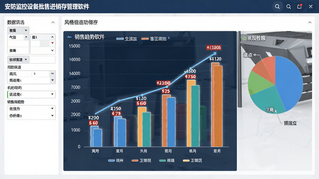 主体:安防监控设备批发零售进销存管理软件的分析报表页面,展示柱状图和饼图;布局:图表居中摆放,周围有数据筛选条件区域;排版:图表配色专业,数据标签清晰;风格:商务简洁;细节:销售趋势线明显上升,关键数据用红色标注;画质:高清,干净无多余元素。