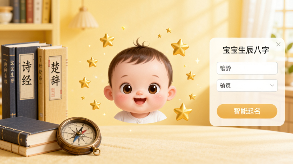 画面展示软件主界面,中央有可爱婴儿头像与金色星星环绕,背景是温馨的淡黄色书房,桌上摆放着《诗经》《楚辞》书籍与古朴罗盘,界面右侧清晰显示“宝宝生辰八字”输入框与“智能起名”按钮,整体风格温馨明亮,卡通与写实结合,画质细腻干净,无多余元素