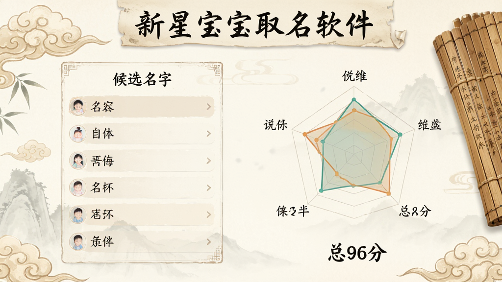界面中展示一个名字评分页面,候选名字列表旁边有清晰的八维雷达图与总分,字体风格古风,背景有祥云与竹简,界面配色淡雅,文字“新星宝宝取名软件”出现在页眉,画质清晰无多余元素