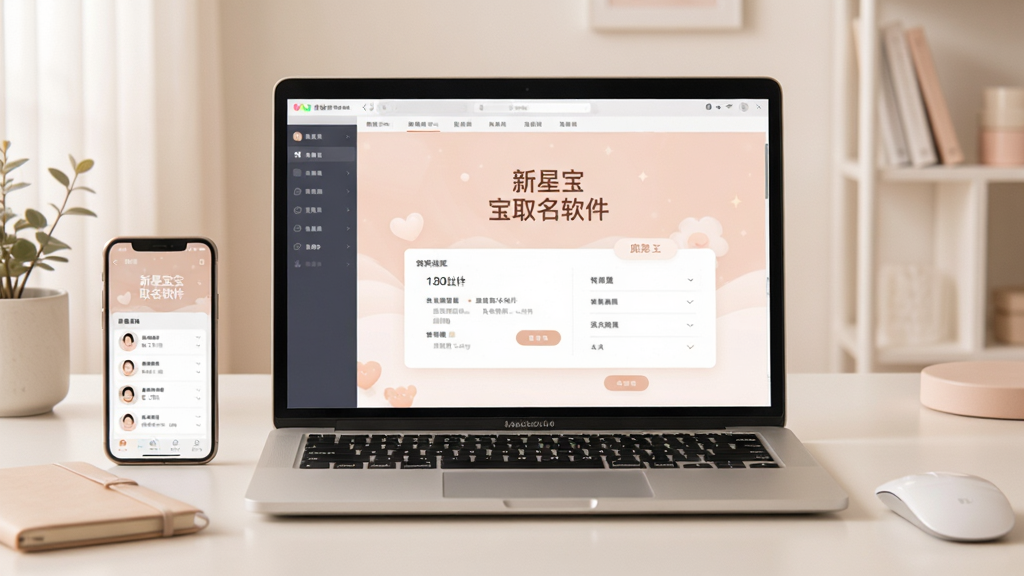 展示软件运行在笔记本电脑上的场景,屏幕显示起名结果页面,旁边有手机同步显示,桌面整洁,整体色调柔和,文字“新星宝宝取名软件”清晰可见,画质干净细腻