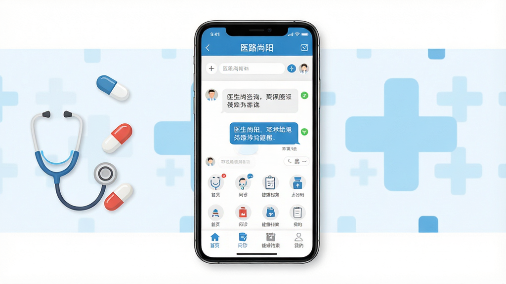 主体:医路尚阳手机应用界面展示,中央是医生在线咨询对话窗口,背景为淡蓝色医疗十字图标。布局:应用界面位于画面中央,上下方留白,左侧配以听诊器、药丸等医疗元素图标。排版:界面清晰,功能图标整齐排列,下方有“首页”、“问诊”、“健康档案”、“我的”四个选项卡。风格:扁平化设计,色彩以白色和蓝色为主,清新专业。细节:屏幕中显示“医路尚阳”字样及医生回复消息气泡。画质:高清渲染,干净,无多余元素。