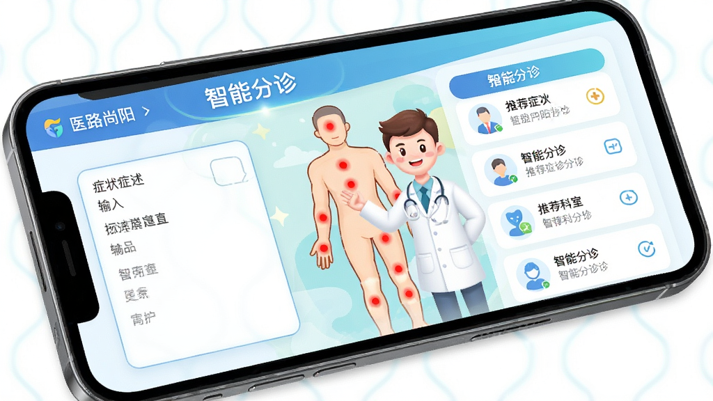 主体:智能手机屏幕放大展示医路尚阳智能分诊界面,一个虚拟医生卡通形象正在引导用户选择症状部位。布局:手机模型斜放,屏幕内显示人体轮廓图,不同部位有红点标注。排版:界面左侧是症状描述输入框,右侧是推荐科室列表。风格:卡通插画与真实UI结合,色彩明快。细节:屏幕上有“医路尚阳”文字及“智能分诊”标题栏。画质:高分辨率,干净整洁,无多余元素。