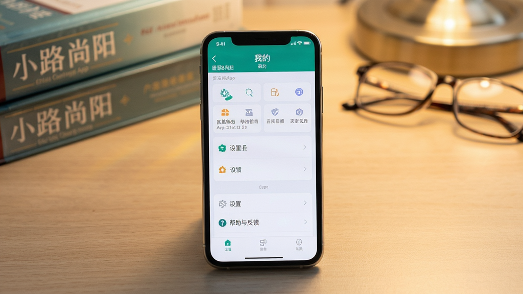 主体:一部智能手机平放在桌面上,屏幕显示医路尚阳App“我的”页面,下方有“设置”、“帮助与反馈”等菜单。布局:手机位于中央,屏幕内容清晰,周围有模糊的医疗书籍和眼镜作为背景。排版:界面布局与真实App一致,功能列表清晰。风格:写实摄影风格,桌面有暖光。细节:屏幕上有“医路尚阳”版本号信息。画质:高清,干净,无多余元素。
