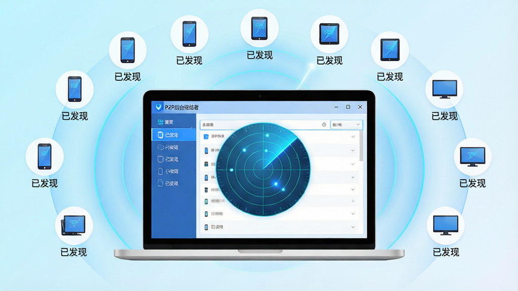 主体:一台笔记本电脑显示“P2P后台终结者”软件界面,界面上有一个雷达扫描动画,正在发现周围的手机、平板、电脑等设备图标。布局:电脑屏幕在中央,周围设备图标呈现环形分布,雷达波纹向外扩散。排版:设备图标排列整齐,每个图标下方标注“已发现”字样。风格:科技感插画,清新明亮,蓝白配色。细节:屏幕界面中的设备列表高亮显示,雷达扫描光线呈蓝色,背景为纯色渐变。画质:高清,干净,无多余元素。