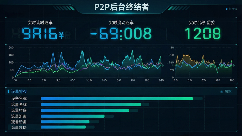 主体:一个仪表盘样式的流量监控界面,标题为“P2P后台终结者”,界面包含多条不同颜色的曲线图和数据表格。布局:上方为实时速率大数字显示,下方为多台设备的流量排行条形图。排版:仪表盘风格,数据以图表化展示,重点突出“实时”与“监控”。风格:深色科技风,蓝绿色荧光线条。细节:曲线图波动明显,表格中标注设备名称与速率值,背景有轻微的网格线。画质:高清,干净,无多余元素。