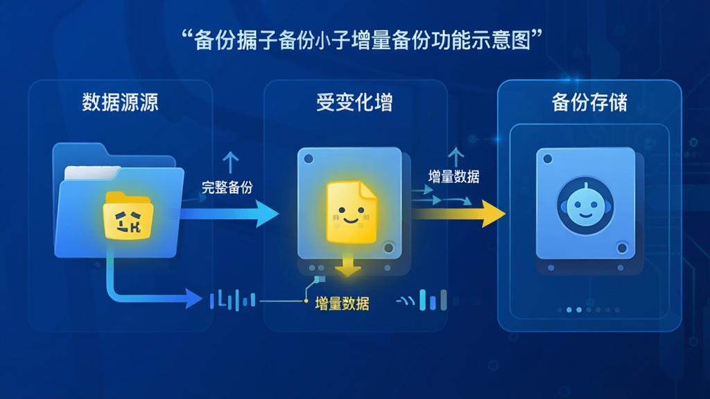 主体:备份小子的智能增量备份功能示意图,使用电脑或硬盘的图形化表示。布局:左边是数据源文件夹,中间是变化的文件高亮显示,右边是备份存储区域。排版:数据流线清晰,不同颜色区分完整备份与增量部分。风格:图标化、流程化、科技蓝为主色调。细节:变化的数据文件用亮黄色高亮,并标注“增量数据”。画质:干净,无多余元素。