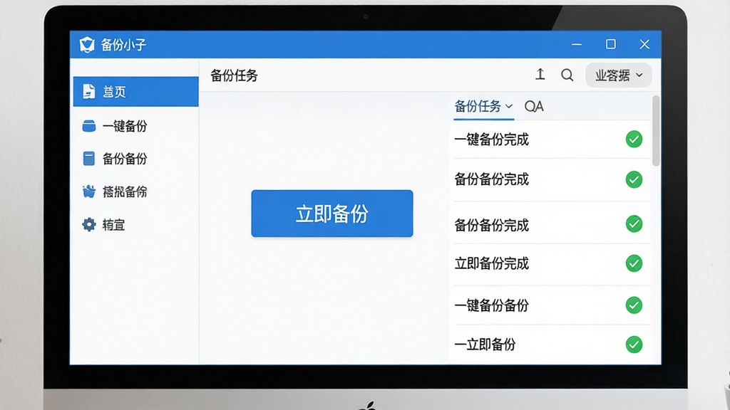 主体:备份小子软件的主界面截图,展示在电脑屏幕上。布局:界面简洁清晰,左侧为功能导航栏,右侧为备份任务列表,中心区域有一个醒目的“立即备份”按钮。排版:现代感的扁平化设计,功能按钮排列有序,色彩以蓝色和白色为主。风格:专业、干净、商务科技感。细节:按钮上文字为“一键备份”,列表项有绿色对勾表示备份完成。画质:高清,色彩通透,无多余元素。