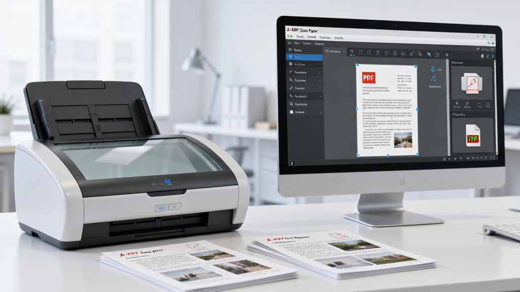 ���壺һ̨�ִ�ɨ�����԰ڷ��������ֽ���ĵ���������Ļ��������ʾA-PDF Scan Paper�������棬�����г���ɨ��Ԥ�����Ż������������֣�ɨ����λ����࣬������ʾ��λ���Ҳ࣬�м����״����ü�ҳ�������ֺ�ͼƬ��ֽ�š��Ű棺����ƽ�⣬ǰ��Ϊֽ���ĵ�������Ϊ�ɾ��İ칫�һ��������дʵ3D��Ⱦ������ͨ͸���Ƽ�����ʵ�øн�ϡ�ϸ�ڣ���������˵����������������ɱ棬ɨ�����PDF�ļ�ͼ���׺��Ļ�����ʣ�������8K��������ͣ�ɫ����Ȼ���ɾ����޶���Ԫ�ء�