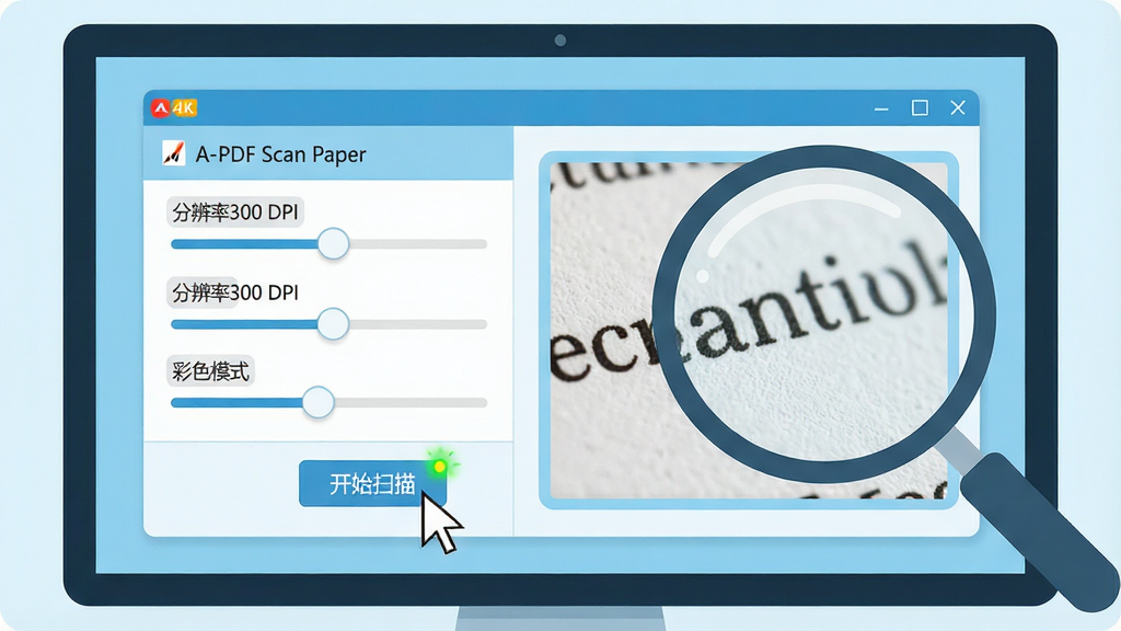 ���壺������Ļ��д��ʾA-PDF Scan Paper��ɨ��������ڴ��ڣ��������ϱ�ע���ֱ���300 DPI��������ɫģʽ�������֣���Ļռ�ݻ������룬�Ҳ������Ŵ�չʾɨ�����ϸ�����ֱ�Ե���Ű棺�����࣬���������Ԥ�����������С���񣺱�ƽ��UI�廭���ǳ�����ɫ��ɫ����ϸ�ڣ����ָ����ͣ�ڡ���ʼɨ�衱��ť�ϣ�ɨ����ָʾ�����𡣻��ʣ�4K���壬����������������ɫ���죬�ɾ����޶���Ԫ�ء�