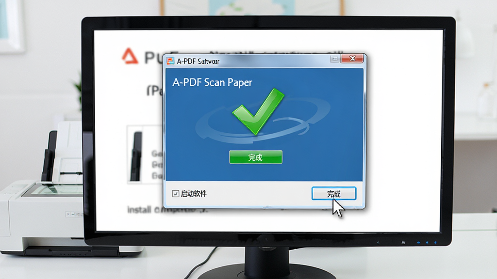 ���壺������Ļ������ʾA-PDF Scan Paper������װ��ɽ��棬�����Ǹɾ���������ɨ�����豸����Ļ������ɫ�Թ�ͼ��͡���ɡ���ť�����֣���װ���ھ��У��������ס��Ű棺���ֱ�ۣ�ͻ����װ�ɹ���ʾ�����дʵ����������ɫ��������ϸ�ڣ������·��С�������������ѡ�����ָ��ָ����ɡ������ʣ����壬�������ɾ����޶���Ԫ�ء�