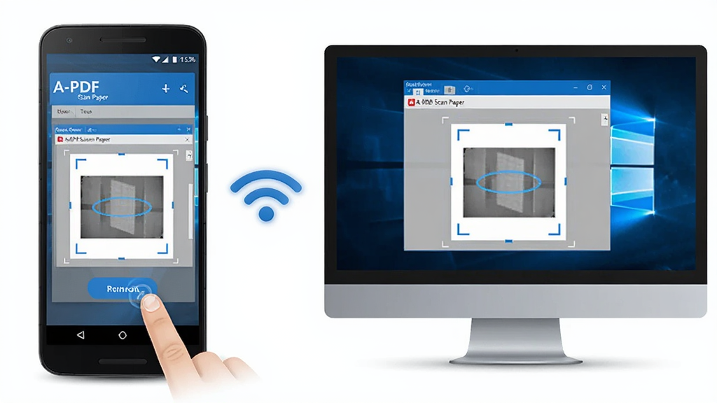 ���壺һ����׿�ֻ���һ̨Windows���Բ��Űڷţ��ֻ���Ļ��ʾԶ����������A-PDF Scan Paper�Ľ��棬������Ļͬ����ʾɨ����������֣��ֻ�������࣬���������Ҳ࣬�м�����������������ӡ��Ű棺����ƽ�⣬ͻ�����豸����������ִ��Ƽ��в廭����ɫ���ɫ����ϸ�ڣ�Զ�����洰���пɼ�ɨ��Ԥ��ͼ���ֻ���Ļ������ָ�����ť�����ʣ����壬��͹��ߣ��ɾ����޶���Ԫ�ء�