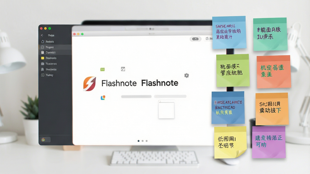 Flashnote主界面简洁清爽,屏幕右侧悬浮多个彩色便签,每个便签上显示不同颜色的文字笔记,背景为干净的桌面环境,主体清晰,布局均衡,现代扁平化风格,细节丰富,画质高清,干净无多余元素