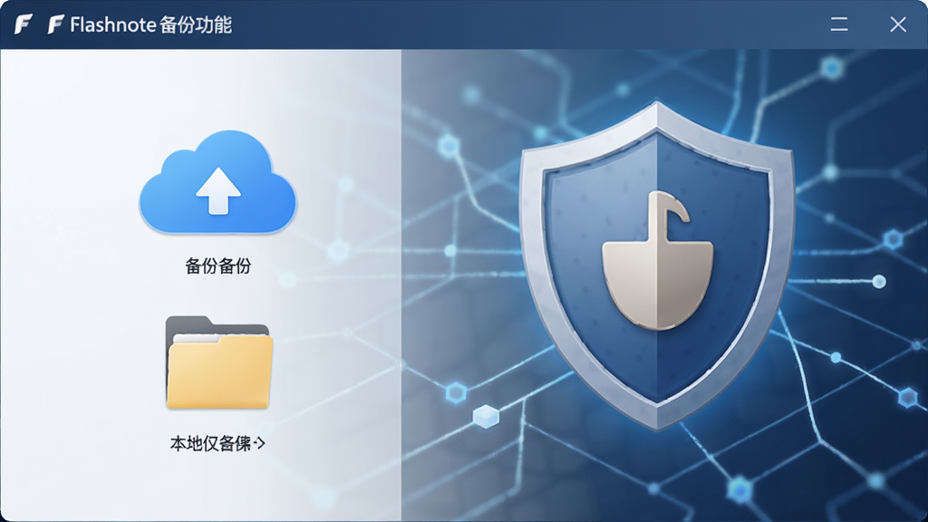 Flashnote备份功能界面,显示云备份图标和本地文件夹,背景有盾牌安全标识,主体为数据保护概念,布局简洁明了,风格商务安全,细节丰富,画质清晰,干净无多余元素