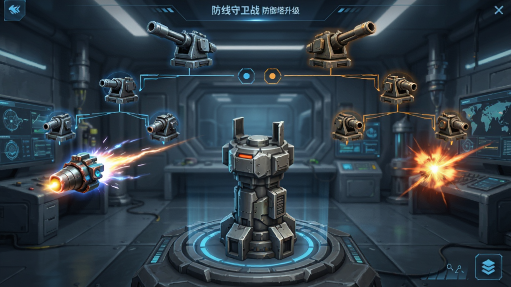 防线守卫战防御塔升级界面,画面上方是机关炮的双分支升级树,左侧展示穿甲弹头特效,右侧展示高爆燃烧弹特效,中间是塔的3D模型特写,背景为科技感实验室,UI清晰,画质高清