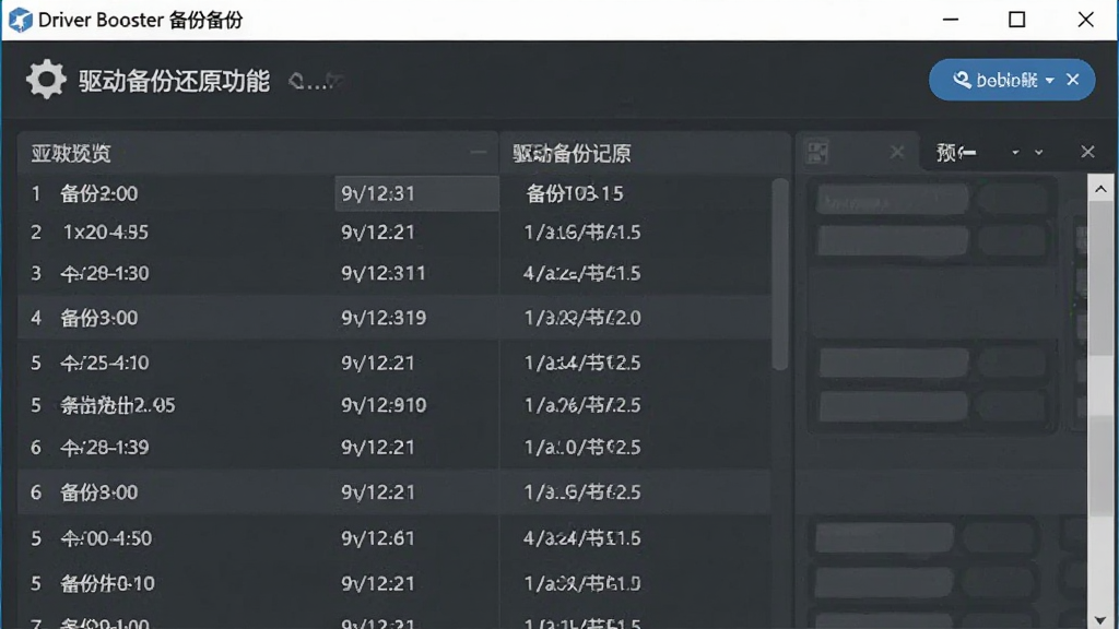 Driver Booster 驱动备份还原功能预览:主体为备份管理界面,布局展示历史备份记录列表,排版有序,风格专业冷静,细节显示备份时间与驱动版本,画质清晰,无多余元素