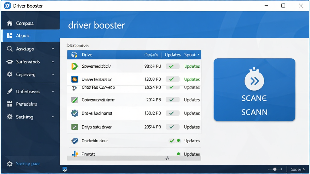 Driver Booster 软件全貌展示图:主体为软件主界面,布局包括左侧功能导航栏与右侧大型扫描按钮,界面风格现代简洁,以蓝色和白色为主色调,细节处显示驱动列表与更新状态,画质清晰干净,无多余元素