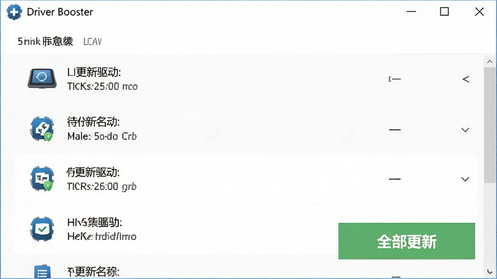 Driver Booster 一键更新功能示意图:主体为软件扫描结果界面,布局展示多个待更新驱动列表,排版整齐,每项包含设备名称与版本状态,风格简洁直观,细节突出“全部更新”按钮,画质清晰干净