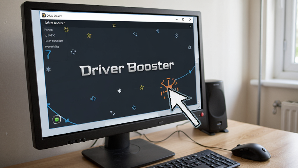 Driver Booster 使用场景示意图:主体为电脑屏幕显示的软件界面,布局为桌面环境,风格真实自然,细节包含鼠标点击状态,画质清晰,突出软件名称“Driver Booster”