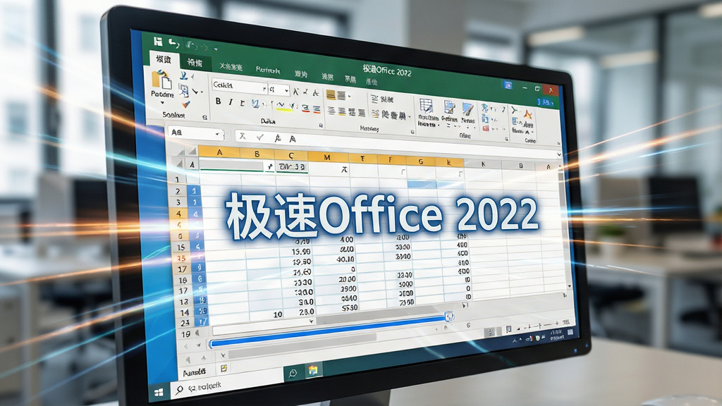 一张动态感十足的电脑屏幕特写,屏幕中“极速Office 2022”正在飞速打开一个大型数据表格,周围有速度线条和光效,背景虚化的办公环境,主体系软件界面,布局聚焦于表格数据快速加载,风格写实,细节显示滚动条飞速滑动,画质干净清晰,无多余元素