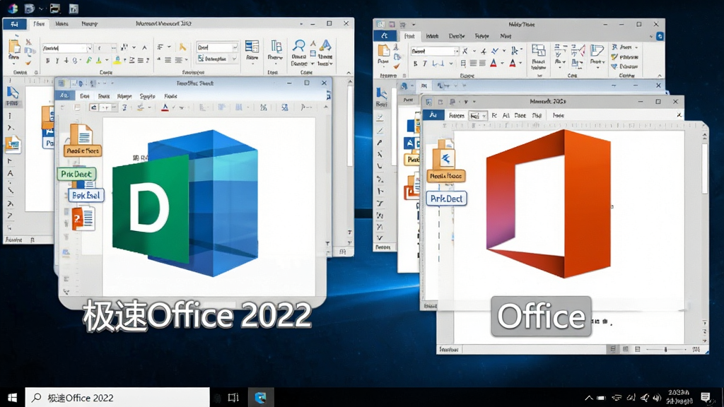一幅电脑桌面截图,屏幕上并排显示“极速Office 2022”与微软Office的文件图标,主要展示软件能成功打开并编辑各种办公文档,画面中多个文档窗口层叠摆放,布局整齐,风格清爽,细节体现文件格式标签,画质清晰,无多余元素