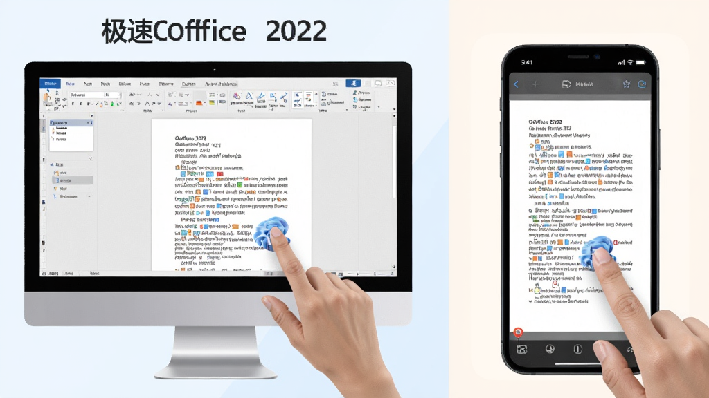 一幅展示“极速Office 2022”在电脑和手机上操作对比的图片,左侧电脑屏幕显示文档编辑界面,右侧手机屏幕显示同一文档的触控操作,布局分屏,背景浅色,画面干净,突出跨设备使用体验,细节有手指点击屏幕动作,画质高清