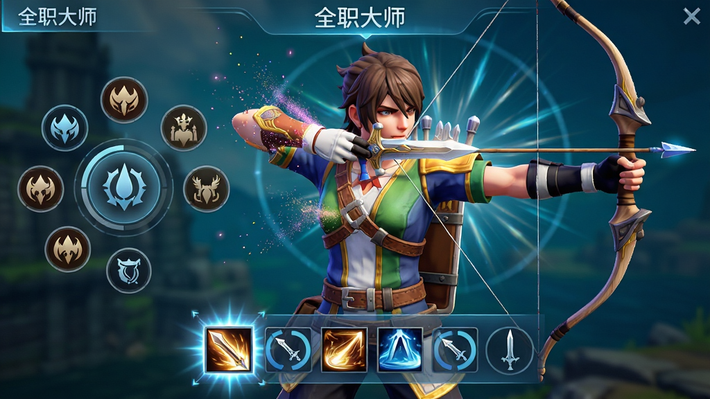 主体:“全职大师”游戏界面特写,屏幕中央一名角色正在从持剑姿态切换到持弓姿态,技能栏图标随之变换。布局:角色占屏幕三分之二,左侧显示职业图标环形菜单,下方技能栏高亮闪烁。排版:UI布局清晰,职业图标环绕角色,技能图标整齐排列,切换特效呈放射状。风格:游戏实机画面风格,UI具有科技感,半透明材质。细节:角色服装颜色和武器形状在切换瞬间产生粒子消散效果,新武器逐渐凝实,技能图标带有冷却转圈。画质:高动态范围,色彩鲜艳,干净,无多余元素。