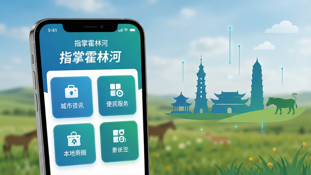 主体:手机屏幕展示“指掌霍林河”APP主界面,界面清晰显示城市资讯、便民服务、本地商圈等板块图标。布局:手机位于画面中央偏左,右侧漂浮城市地标剪影与草原元素。排版:界面UI设计现代简约,功能图标排列整齐,色彩以蓝绿色为主调。风格:扁平化设计,科技感与草原风情融合。细节:屏幕内容高亮显示“指掌霍林河”字样,背景虚化处理突出主体。画质:4K高清,干净无多余元素。
