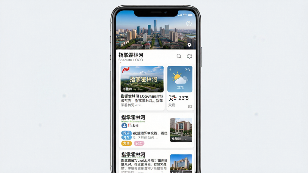 主体:手机界面显示“指掌霍林河”资讯推送列表,包含新闻卡片、天气挂件。布局:手机竖屏展示,顶部为城市实景头图,下方为信息流卡片。排版:信息流采用卡片式布局,图文并茂,标题与摘要清晰分层。风格:新闻资讯类APP常见设计,简洁明快。细节:卡片上标注“指掌霍林河”LOGO,信息流包含政治、民生、文旅等分类标签。画质:高分辨率,界面通透干净,无多余元素。