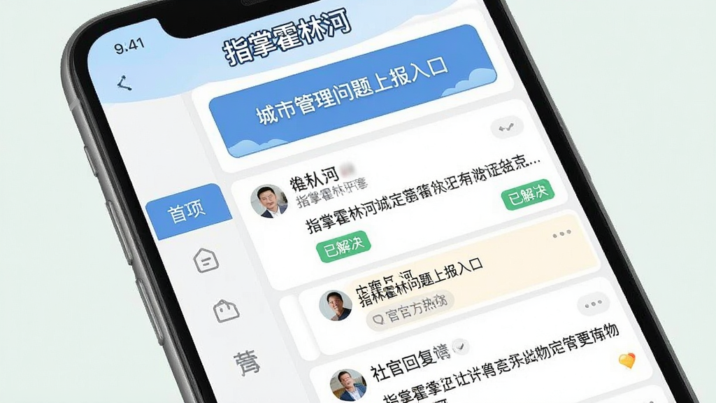 主体:手机界面展示“指掌霍林河”社区互动页面,含用户发帖与官方回复。布局:屏幕上方显示城市管理问题上报入口,下方为社区热帖列表。排版:采用分栏布局,左侧为功能导航,右侧为内容流。风格:社区互动风格,活泼但不失严谨。细节:页面顶部有“指掌霍林河”字样,帖子带有“已解决”绿色标签。画质:细腻清晰,色彩柔和,无多余元素。
