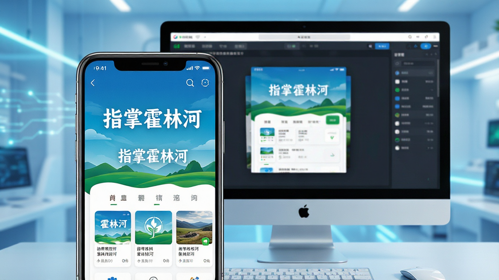 主体:智能手机与电脑并排展示“指掌霍林河”应用界面。布局:手机在前,电脑屏幕在后,形成对比。排版:手机屏幕放大显示“指掌霍林河”首页,电脑屏幕显示模拟器界面。风格:现代科技感,光线明亮。细节:手机屏幕上有“指掌霍林河”字样,界面清晰。画质:高清,干净,无多余元素。