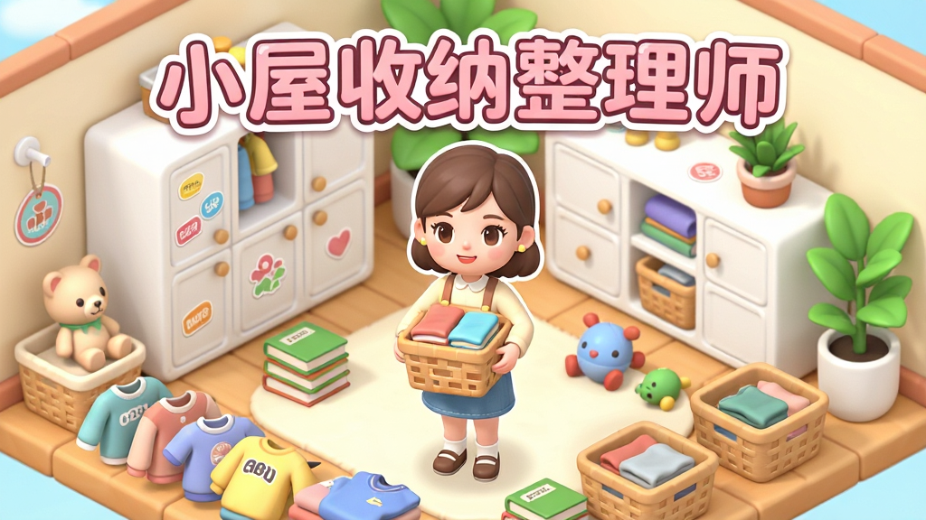 画面展示一个温馨明亮的卡通小屋客厅,中央站着一位手持收纳盒的年轻女性角色,周围散落着衣物、书本、玩具等杂物。布局采用45度俯视视角,前景为待整理的杂乱物品,背景为整洁的白色储物柜和绿植。排版上突出“小屋收纳整理师”游戏标题字样,标题置于顶部中央,使用圆润可爱的粉色艺术字。整体风格为清新治愈系手游宣传图,色彩柔和明亮,细节丰富,包括标签贴纸、收纳篮纹理。画质高清,干净无多余元素,营造出轻松愉快的整理氛围。