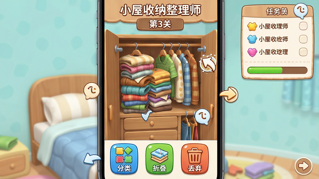展示手机游戏界面,屏幕中央是一个待整理的卧室衣柜,内部衣物堆叠混乱。下方工具栏有“分类”“折叠”“丢弃”三个彩色图标,界面右上角显示任务清单与时间进度条。布局采用竖向构图,模拟玩家操作视角。排版上在顶部显示“小屋收纳整理师”游戏名称及“第3关”字样,整体风格为卡通扁平化UI设计,色彩清新活泼,带有提示气泡与箭头指引。画质细腻,细节包含衣物纹理、木质衣架光泽,画面干净整洁,突出教学与互动元素。