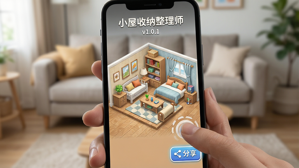 展示用户正在手机上操作游戏的场景,手机屏幕特写显示整理完成后的整洁房间,画面右下角有“分享”按钮。布局以第一人称手持视角呈现,背景为模糊的客厅环境。排版上在手机屏幕上方加入“小屋收纳整理师”字样与版本号“v1.0.1”,整体风格为真实生活场景与游戏界面结合,光线自然,细节包括手指点击的动效、屏幕内物品纹理清晰。画质高清,干净无多余元素,传达出简单易上手的操作体验。