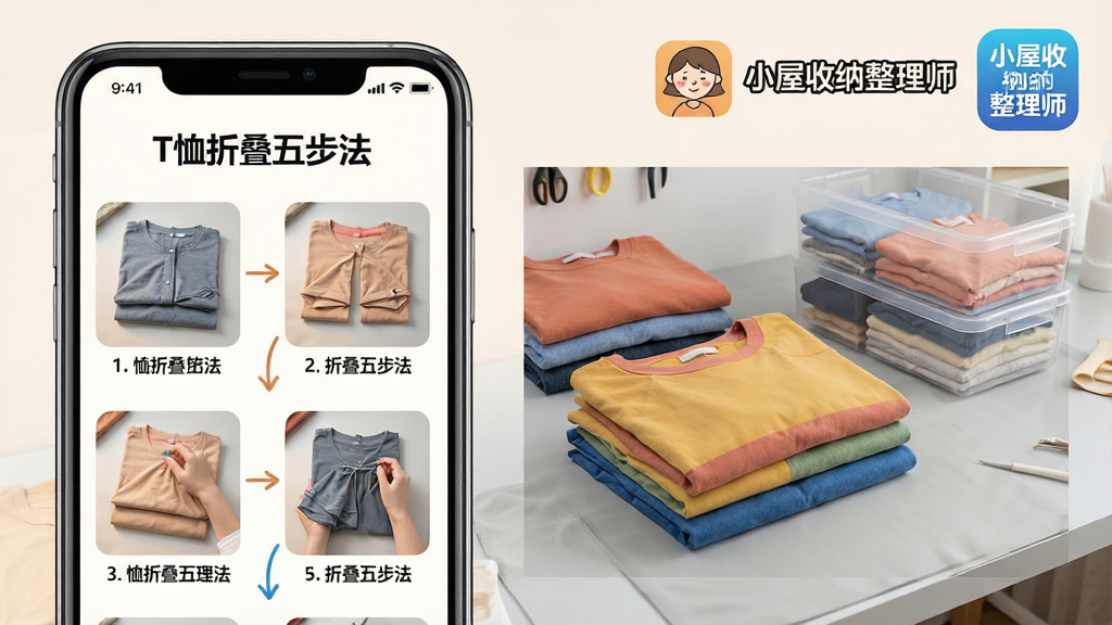 一张展示整理技巧的图文页面,页面左侧是手机屏幕截图,显示“T恤折叠五步法”图文教程,右侧配有实物演示照片。背景为浅灰色的工作台,上面摆放着叠好的彩色衣物和透明收纳盒。布局采用左右分栏样式,设计简洁清晰。排版上在页面右上方加入“小屋收纳整理师”App图标与名称,整体风格为实用型教程截图,色调温馨,细节包括步骤箭头标注、衣物褶皱质感。画质高清,干净无多余元素,传递出专业且易学的视觉感受。
