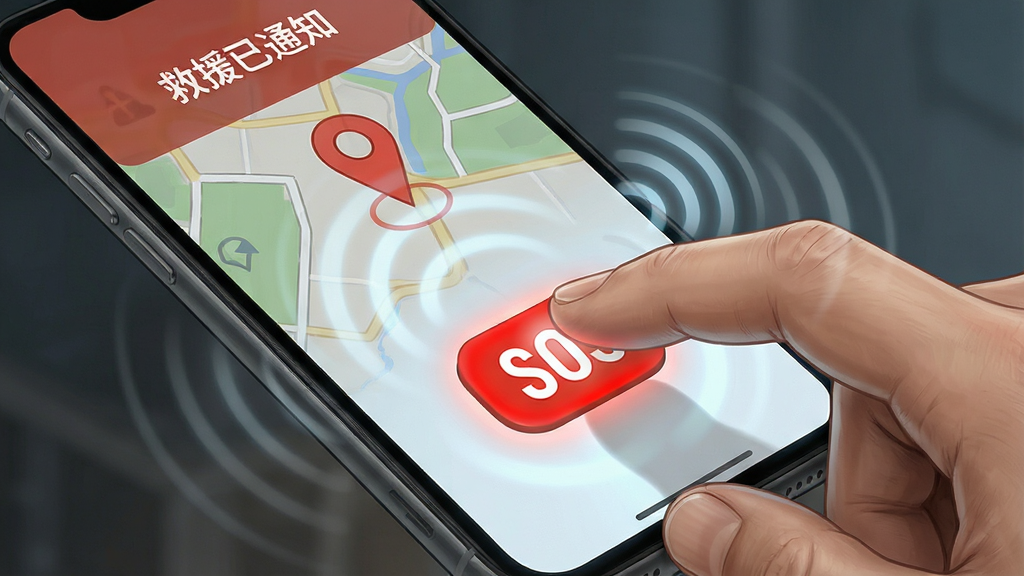主体:一只手正在点击手机屏幕上的“SOS”紧急求助按钮,手机屏幕上显示地图定位和“救援已通知”字样。布局:手部动作特写,手机屏幕朝上。排版:画面主体突出,按钮带有红色警示色。风格:写实与插画结合风格。细节:手指触控屏幕的瞬间,屏幕泛出微光,周围有信号波纹扩散效果。画质:高清晰度,细节丰富,干净,无多余元素。