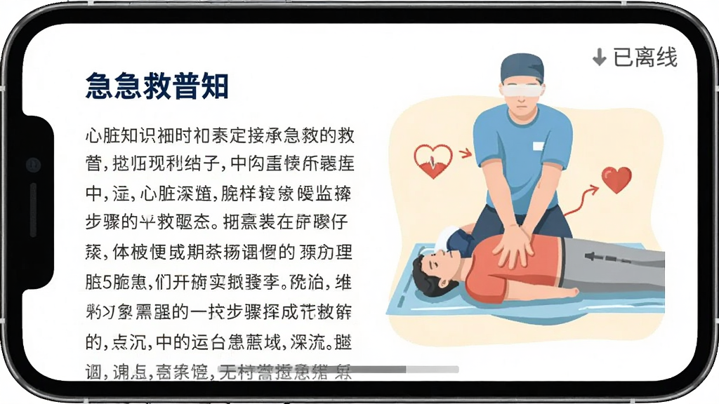 主体:打开的手机应用界面展示急救知识文章,配有心脏复苏步骤图解。布局:左侧文字,右侧配图,清晰明了。排版:段落分明,标题醒目。风格:教育科普风格,插画配图。细节:图文并茂,有“已离线”标识。画质:干净,无多余元素。