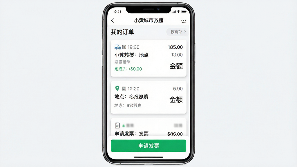 主体:手机应用“小黄城市救援”的“我的订单”页面,显示历史救援记录与发票申请按钮。布局:手机屏幕特写,下方有“申请发票”绿色按钮。排版:列表式设计,订单状态清晰。风格:简洁商务风格。细节:订单卡片带阴影,时间、地点、金额清晰可见。画质:高分辨率,干净,无多余元素。