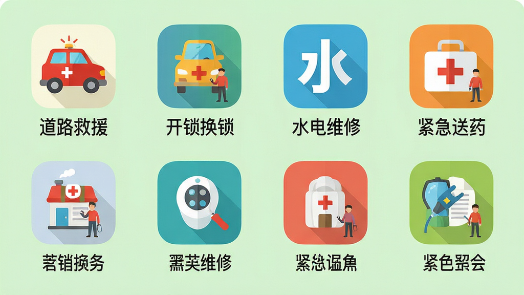 主体:手机界面排列着多种救援服务图标,如道路救援、开锁换锁、水电维修、紧急送药等。布局:图标以网格形式排列,每个图标下方有中文名称。排版:整齐清晰,图标色彩各异。风格:扁平化图标设计。细节:每个图标都带有小人的形象,背景是淡绿色。画质:高清,干净,无多余元素。