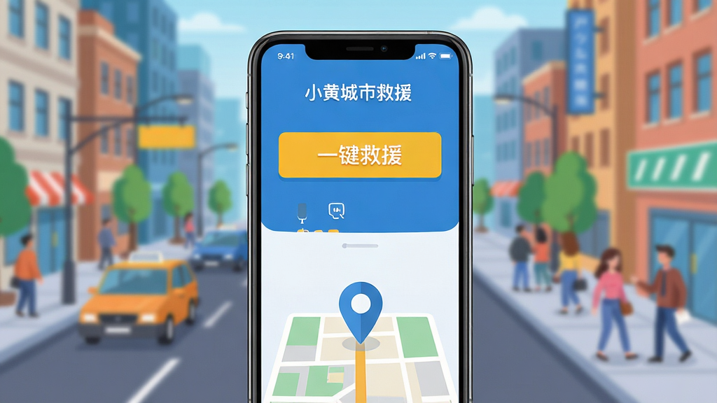 主体:手机屏幕展示“小黄城市救援”主界面,背景是模糊的城市街道。布局:手机居中,界面清晰可见,上方显示“一键救援”按钮,下方有地图定位图标。排版:简洁大气,图标布局合理。风格:现代扁平化插画风格。细节:手机屏幕内容高亮显示,周围有道路、车辆、行人等元素。画质:高清渲染,色彩明快,干净,无多余元素。