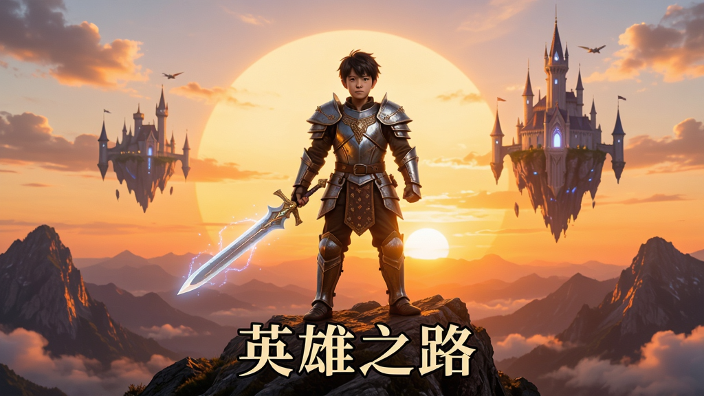 画面中央一名身穿铠甲手持发光的剑的年轻英雄站在山巅,背后是壮丽的日落和漂浮的城堡,奇幻风格,构图大气,色彩明亮,细节精致,8k画质,干净无多余元素,画面下方文字“英雄之路”