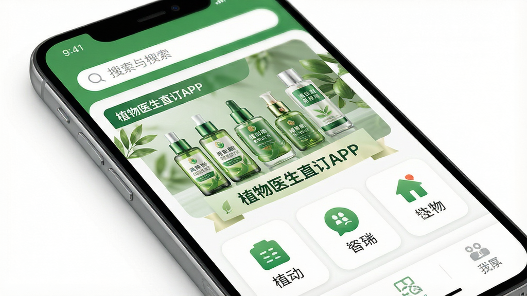 一张展示智能手机屏幕的特写,屏幕内清晰显示“植物医生直订APP”的首页界面,界面风格清新自然,以绿色和白色为主色调,顶部有搜索栏,中部展示明星产品高山植物精华系列的精美图片与促销横幅,下方排列着整齐的功能图标。画面布局简洁现代,排版干净舒适,采用高清商业产品渲染风格,画质细腻,光线柔和,背景为纯白色,无多余元素。