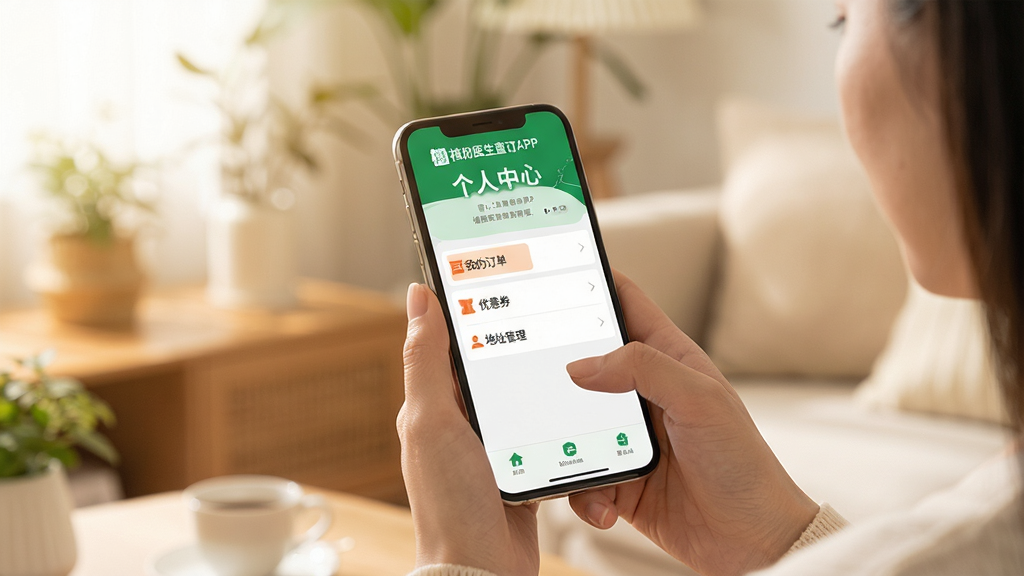 一张展示智能手机使用场景的图片,屏幕上显示“植物医生直订APP”的个人中心页面,页面有“我的订单”、“优惠券”、“地址管理”等列表选项。画面主体为手持手机的女性手部,背景是温馨的室内环境,布局自然,排版整洁,采用生活化摄影风格,照片画质清晰,光线明亮,聚焦于屏幕内容,无多余元素。