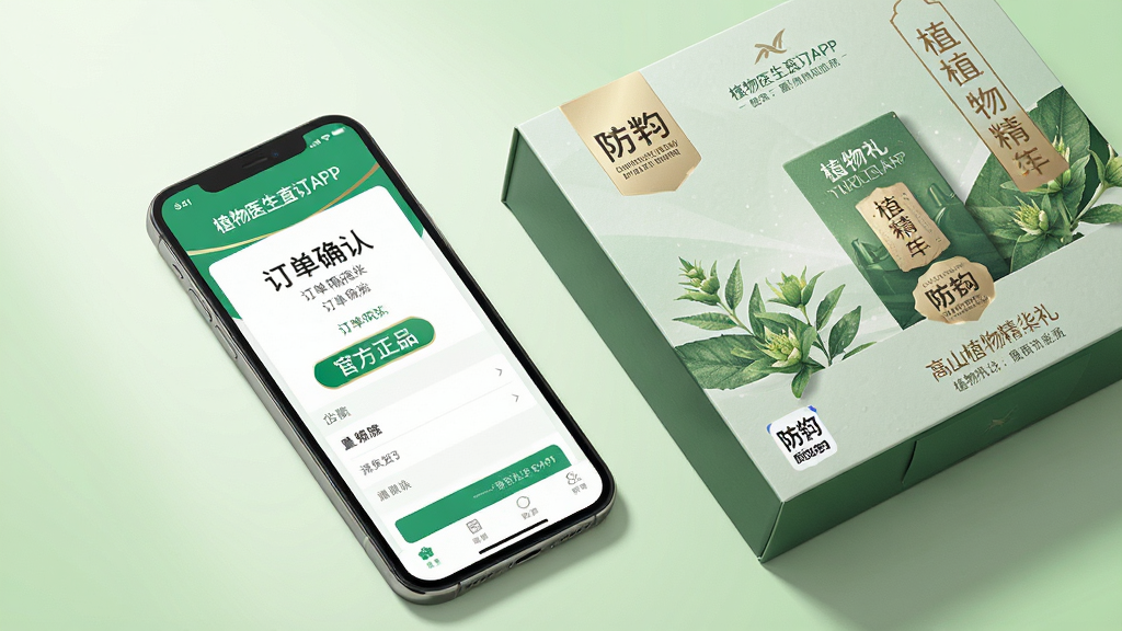 一幅展示产品包装盒与手机屏幕对比的创意图片,手机屏幕显示“植物医生直订APP”的订单确认页面,页面写有“官方正品”字样。旁边的高山植物精华礼盒包装精美,带有防伪标识。整体布局为对角线构图,排版简洁,商业摄影风格,注重光影质感与细节呈现,画质干净高清,背景为柔和的浅绿色渐变,无多余元素。