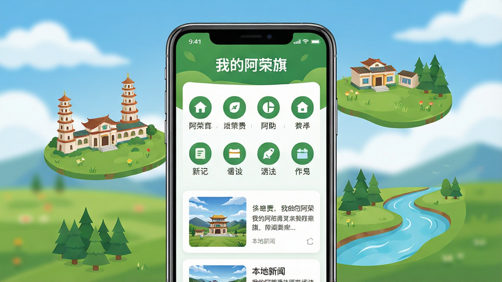 主体为一部亮着屏幕的智能手机,屏幕内展示一款名为“我的阿荣旗”的APP主界面,界面风格清新自然,以绿色和白色为主色调,顶部显示“我的阿荣旗”字样,下方分布着整齐的功能图标和本地新闻卡片。手机周围漂浮着阿荣旗的地标建筑、草原森林、清澈河流等微缩景观元素,背景是模糊的蓝天白云草原。画面整体以扁平化插画风格呈现,排版干净有序,主体突出,色彩明亮舒适。细节丰富,画质高清,干净无多余元素。