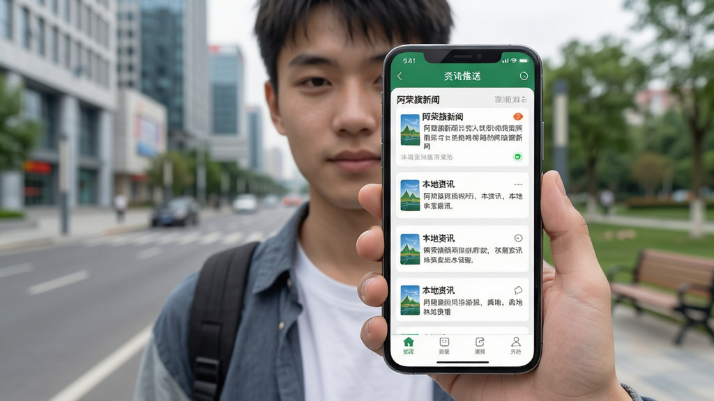 画面展示“我的阿荣旗”APP的资讯推送界面,一位年轻用户手持手机,屏幕上弹出多条本地新闻通知卡片,卡片上清晰印有“阿荣旗新闻”和“本地资讯”字样。背景是模糊的现代城市街道与公园场景。设计风格为写实摄影与UI界面结合,布局以手机屏幕为中心,突出通知栏的详细内容。排版整洁,细节考究,画质清晰,整体画面干净,无多余元素。