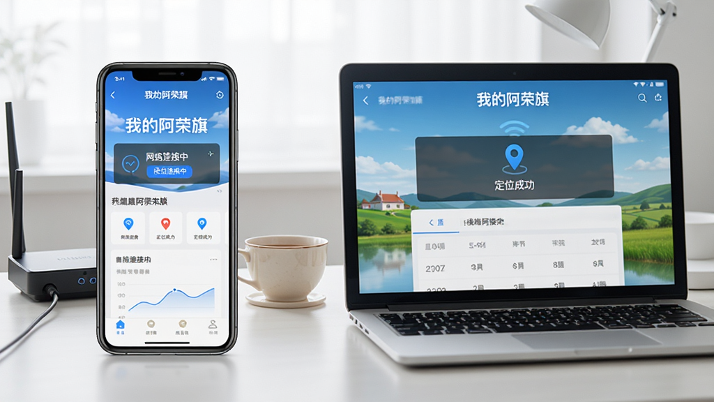 展示“我的阿荣旗”APP在手机和电脑模拟器上运行的状态对比图,左侧是一部真机,右侧是一台笔记本电脑屏幕。屏幕上均清晰显示“我的阿荣旗”主界面,并伴有“网络连接中”与“定位成功”的提示小图标。场景背景为简洁的工作台,桌面有路由器与茶杯。画面为写实风格,光线明亮柔和,构图平衡,细节清晰,画质干净,无多余元素。