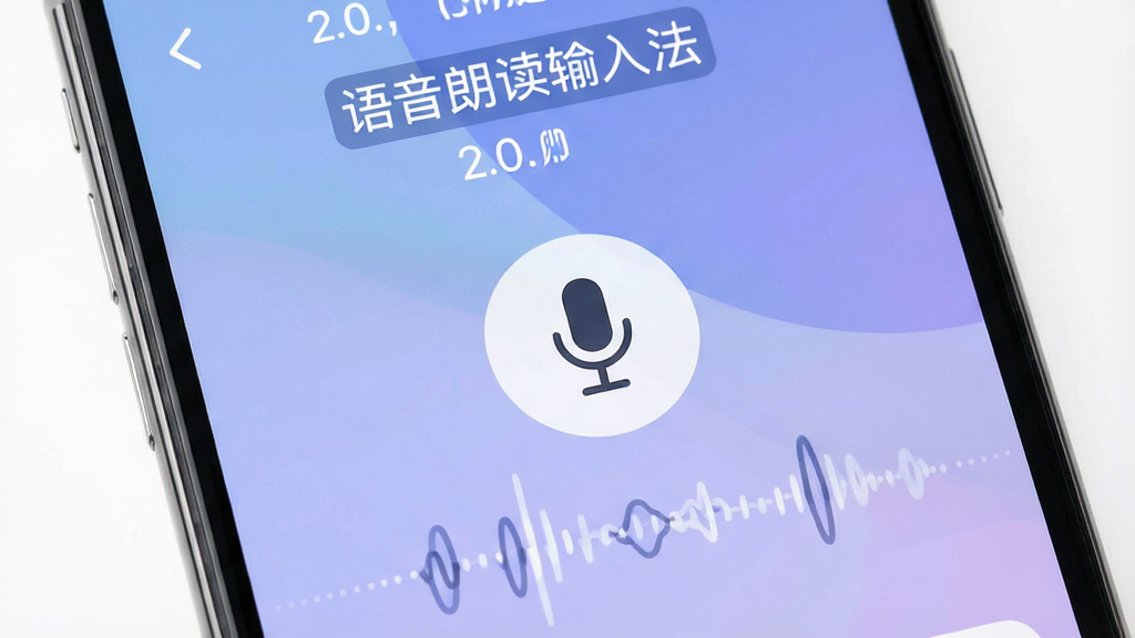 一张智能手机屏幕的特写,屏幕上是语音朗读输入法2.0.0的操作界面,界面设计简洁现代,中央有一个明显的麦克风图标,下方是波纹动画模拟声音输入,顶部有文字实时转写为中文,背景为柔和的蓝紫色渐变,画质高清,光线明亮,突出“语音朗读输入法”主界面,干净无多余元素