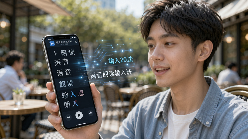 展示语音朗读输入法2.0.0的语音识别界面,一个年轻人在户外咖啡馆对着手机说话,手机屏幕上飞速出现对应的中文字符,背景虚化,排版具有科技感,强调“语音朗读输入法”的快速与精准,画质清晰明亮,细节丰富