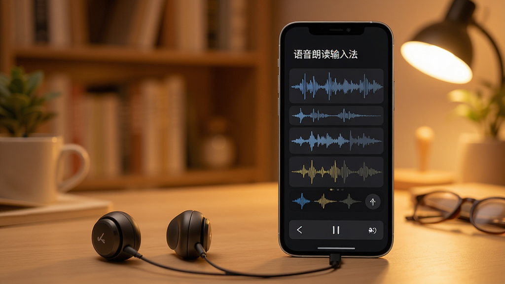 语音朗读输入法2.0.0的朗读设置页面,画面展示耳机与手机相连,手机屏幕上有“语音朗读输入法”字样和多种声音波形,背景是温馨的暖色调书房,体现沉浸式的聆听体验,构图饱满,画质柔和,干净无多余元素